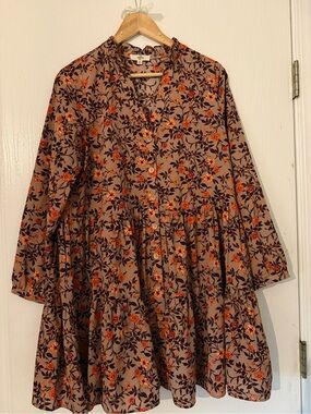 Women’s Floral Button-Front Tiered Dress - Brown with Orange Floral